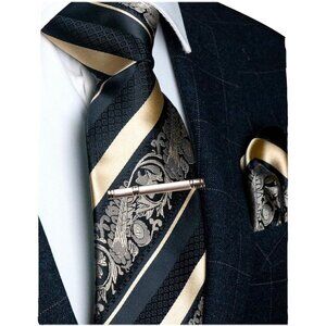 Men's Floral Necktie and Pocket Square Tie Clip Sets for Men Gold